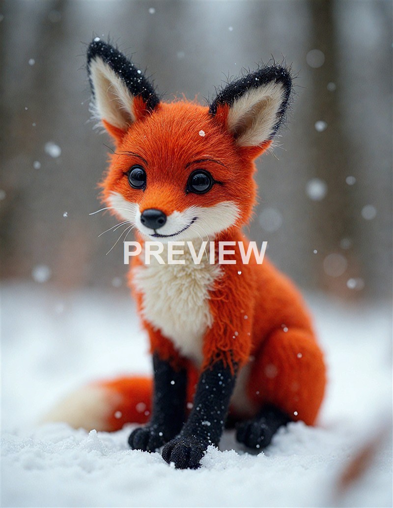 A cute, animated-looking fox with large, shiny eyes and black-tipped ears sitting in the snow with snowflakes falling around it.